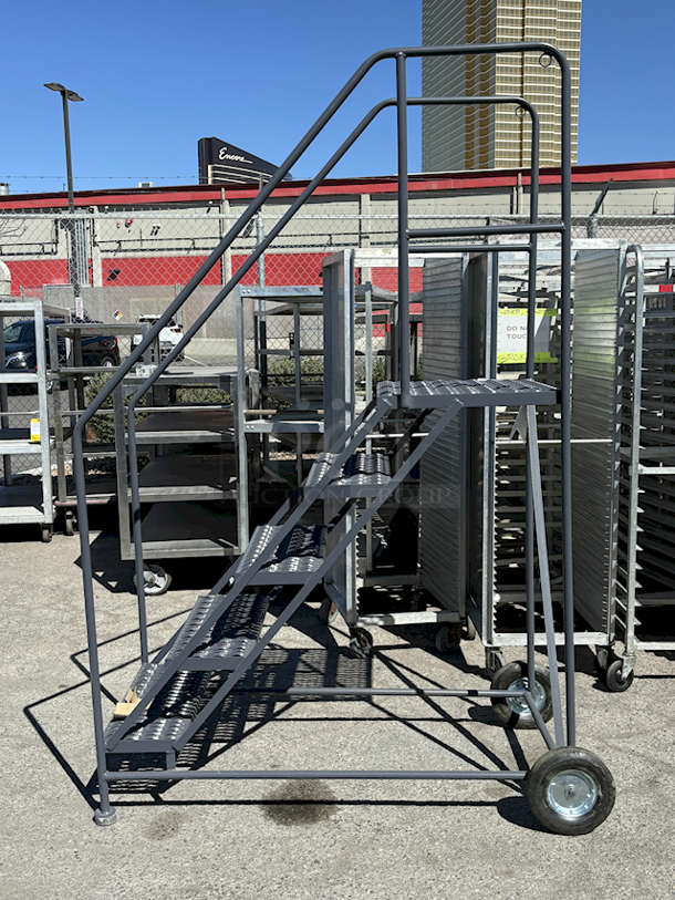 BRAND NEW SCRATCH & DENT! Ballymore TA-5-24 5-Step Gray Steel 59-Degree Slope Rolling Truck / Dock Access Ladder with 24"" Wide Steps. 32x53x80
 - Image 9 of 10