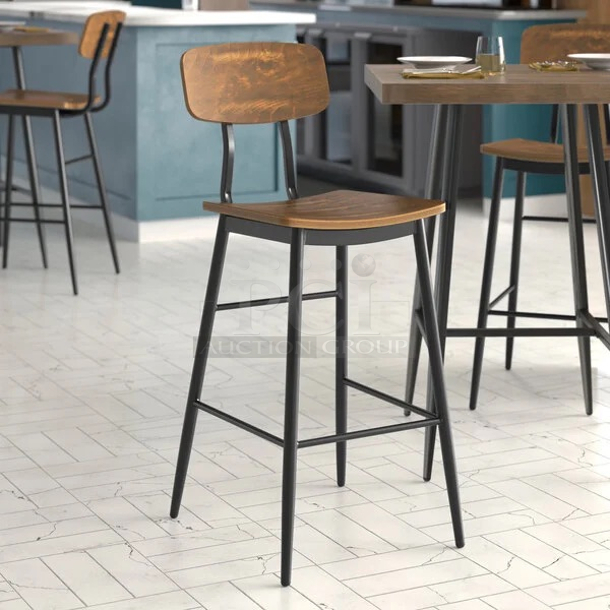Lancaster Table & Seating Mid-Century Black Barstool with Vintage Wood Seat and Backrest. (1) With Padded Seat. 19 Inches	21 7/16 Inches	44 Inches 17x Your Bid  - Image 1 of 2