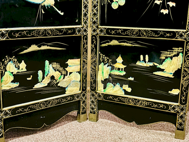 BEAUTIFUL!! Adjustable 4 Panel Room Divider, Different Designs On Front & Back Wood. Minor Signs of Ware, 71” Wide. - Image 8 of 12