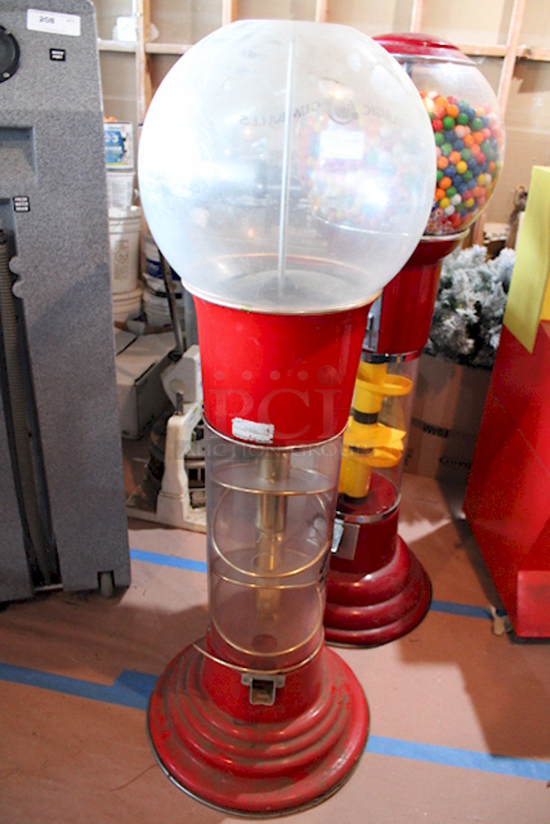SWEET! World Famous Magic Gumball International 5ft Large Spin and Drop Commercial Gumball Machine with Stand - Quarter Activated, Classic Red. TESTED! Machinery Works. Minor Damage to The Fiberglass Around The Center Of Machine. Brass/Metal Collar May Need A Screw. Very Easy Fix. Missing The Lid.  - Image 6 of 6