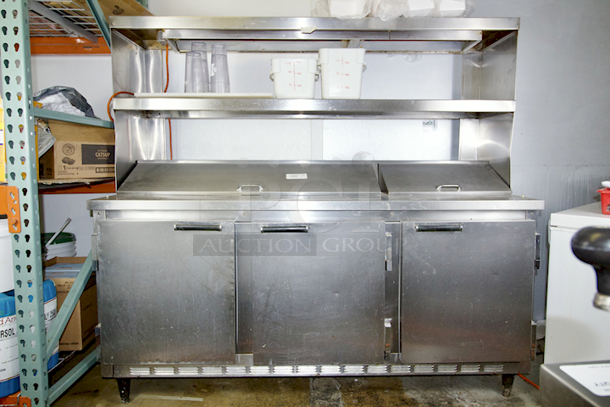 OUTSTANDING! Beverage-AIR SUR72/18 72" Sandwich/Salad Prep Table w/ Refrigerated Base, Over-Shelf With Electric Food Warmer, 3 Doors and (2) Separate Covers - Holds Up To 18 1/6 Pans. IN WORKING ORDER! 120v 72 in. W x 32 in. D x 70 in. H - Image 5 of 7