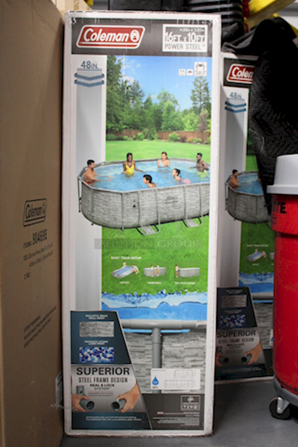 NEW! IN THE BOX! Coleman Pool - 16’x10’ Power Steel Frame Pool Set. Contents: 1 pool, 1 filter pump (compatible with Type III cartridge), 1 ladder. 16ft x 10ft x 48in.  - Image 2 of 6