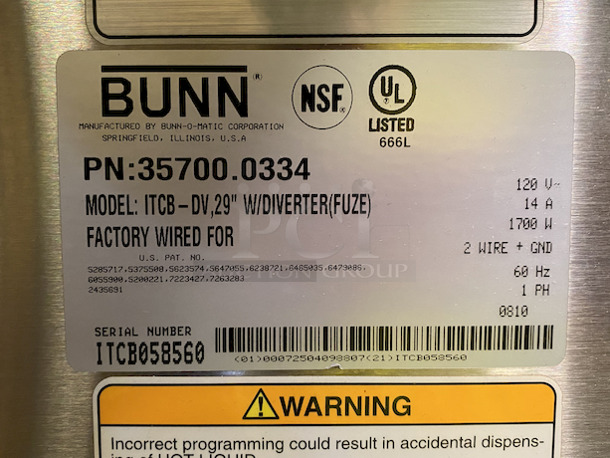 AWESOME! Bunn ITCB-DV,29"TRK W/TRAY(FUZE)
Tested In Working Order. 
ITCB Infusion Series Tea & Coffee Brewer -Dual Volt, 29" W/Tray.
 H 35.0"  W 11.6" D 22.1" - Image 4 of 4