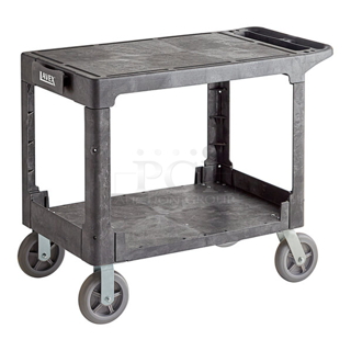 BRAND NEW SCRATCH & DENT! Lavex Large Black 2-Shelf Utility Cart with Flat Top, Built-In Tool Compartment, and Oversized Wheels