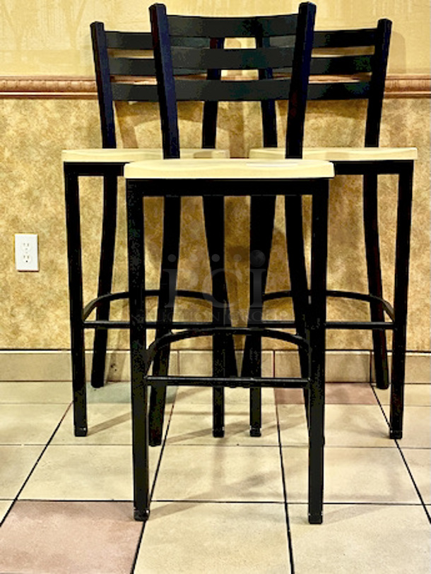 PRISTINE CONDITION! Pair of Plymold Quest Ladderback Steel Barstools with Composite Seat.

Overall Product Height	43"
Overall Product Depth	18"
Overall Product Width	16.25"
Seat Height	30"
Seat Depth	15.75"
Seat Width	16.375"

3x Your Bid - Image 2 of 2