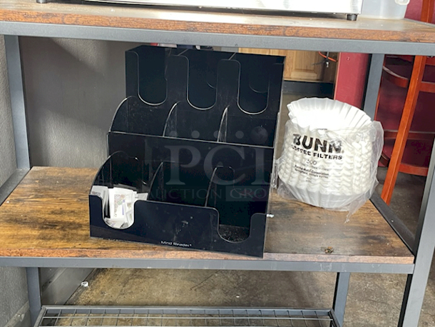 OUTSTANDING! Bunn Coffee Bar - Includes: Bunn 04275.0031 VPS 12 Cup Pourover Coffee Brewer with 3 Warmers - 120V (MODEL: VPS, BLK-LTD SW), 2 Coffee Decanters, 4 Glass Coffee Cups, Filters, Mind Reader Acrylic 9 Compartment Condiment Organizer, Black, FL310 Bakers Rack, Coffee Bar, Kitchen Storage Shelf Rack with Space For 10 Hooks, 3 Shelves, Adjustable Feet, for Microwave Oven. Combined Value of $850  - Image 6 of 8