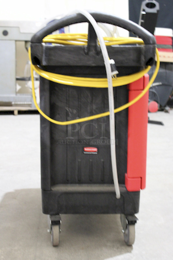 Mobile Sanitization Station. Features a LOTUS PRO Stabilized Aqueous Ozone (SAO3) High Capacity, chemical-free, sanitizing and cleaning Module Attached to a Rubbermaid Industrail Work Cart. This system transforms ordinary tap water into Stabilized Aqueous Ozone (SAO3) which is a powerful and natural surface sanitizer (99.999%), surface cleaner, stain remover, and deodorizer.

 - Image 3 of 8