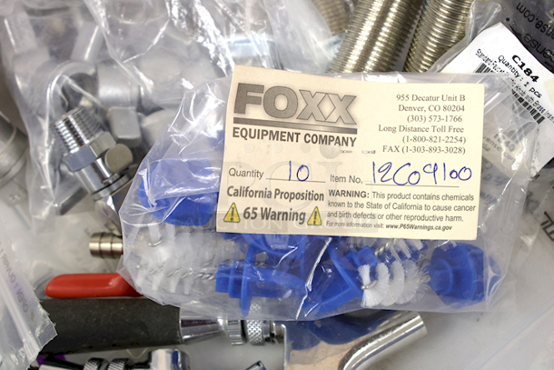 NEW-NEVER USED Box Of Kegerator & Brewery Hardware: (6) Foxx Equipment Co 12BO3116 ABECO 5/8" BSP Beer Thread” ¼” x 8-1/2” Chrome Plated Brass Shanks, (4) Hex “Beer” Nuts - 29/32"-14 Beer Thread, (4) Taps, (10) Tap Brushes, (3) Krome Dispense C184 Standard Faucet Plastic Knob W/ Brass Insert, GreenLeaf CBSHM5160BG1 5/16” Nylon  Hose Barb x 5/16 Hose Barb - Image 8 of 10