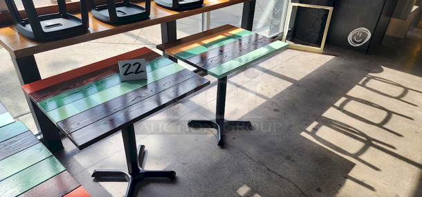COLORFUL! 24" x 30" Wood Table - 6 Wood Planks, Multi-Color, With Crossbar Table Base.  - Image 2 of 2