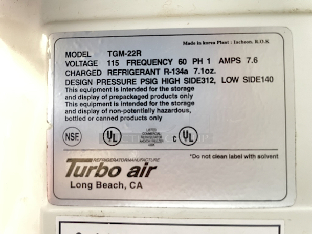 BEAUTIFUL! Turbo Air TGM-22R Refrigerated Glass Door Merchandiser with 4 Adjustable Shelves, LED Lighting and Advertising. 115 Volts  60Hz 1Ph 7.6Amp.  28 3/4" x 29" x 79 7/8"
Capacity: 20.3 cu. ft.
 - Image 2 of 2
