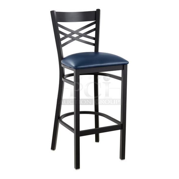 BRAND NEW SCRATCH & DENT! Lancaster Table & Seating (10) Black Finish Cross Back & (1) Distressed Copper Finish Ladder Back Bar Stools with 2 1/2" Navy Vinyl Padded Seat. 11x Your Bid  - Image 1 of 12