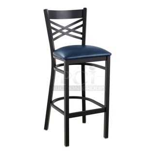 BRAND NEW SCRATCH & DENT! Lancaster Table & Seating (10) Black Finish Cross Back & (1) Distressed Copper Finish Ladder Back Bar Stools with 2 1/2" Navy Vinyl Padded Seat. 11x Your Bid 