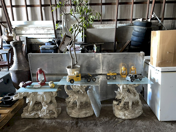 AWESOME! 3 Elephant Base Tables With Glass Tops With Vintage Cars and Lanterns. 3x Your Bid - Image 1 of 6