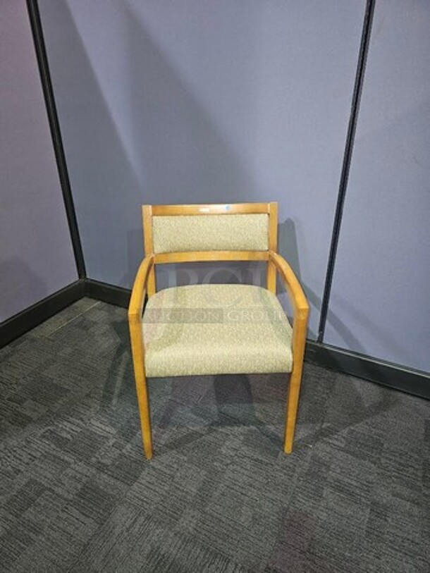 ALL ONE MONEY Set of 4 wooden oak framed guest chairs. Features armrests and a light neutral upholstery. Very nice sturdy chairs, small scratches and signs of use but nothing broken! Measure 32” H x 22” W. 

 - Image 1 of 2