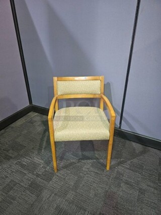 ALL ONE MONEY Set of 4 wooden oak framed guest chairs. Features armrests and a light neutral upholstery. Very nice sturdy chairs, small scratches and signs of use but nothing broken! Measure 32” H x 22” W. 

