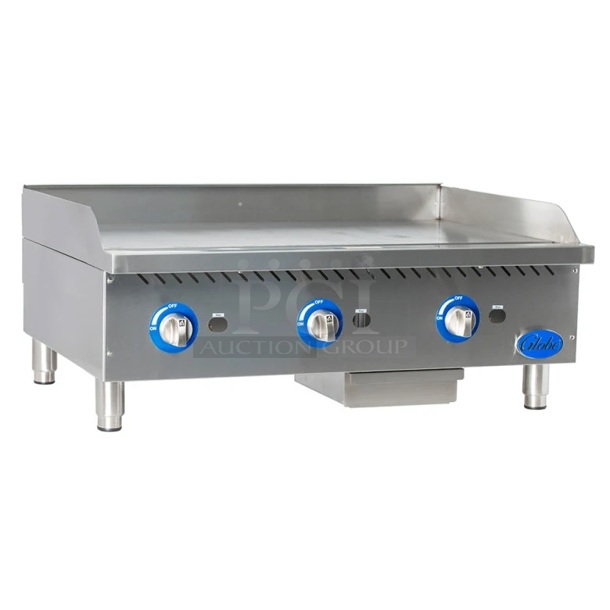 BRAND NEW SCRATCH AND DENT! 2022 Globe GG36G Stainless Steel Commercial Countertop Gas Powered Flat Top Griddle. 90,000 BTU. Stock Picture Used as Gallery. - Image 1 of 5