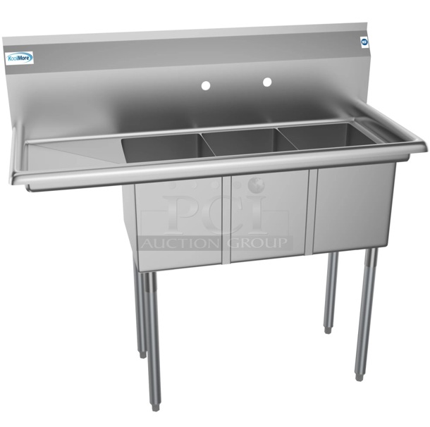 BRAND NEW SCRATCH AND DENT! KoolMore SC101410-12L3 Stainless Steel Commercial 3 Bay Sink w/ Left Side Drainboard. Bay 10x14x10