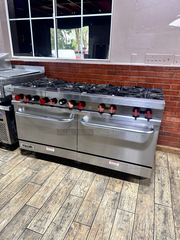 Late Model Vulcan V60 60 inch 10 Burner Gas Range w/ (2) Standard Ovens, Natural Gas Working - Image 8 of 9