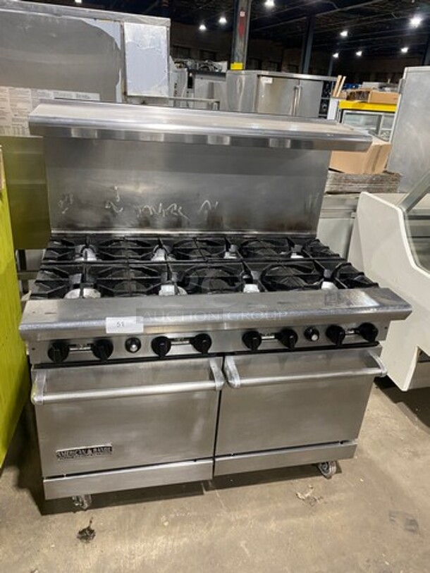 American Range Commercial Natural Gas Powered 8 Burner Stove! With Raised Back Splash And Salamander Shelf! With 2 Oven Underneath! Metal Oven Racks! All Stainless Steel! On Casters! - Image 1 of 10