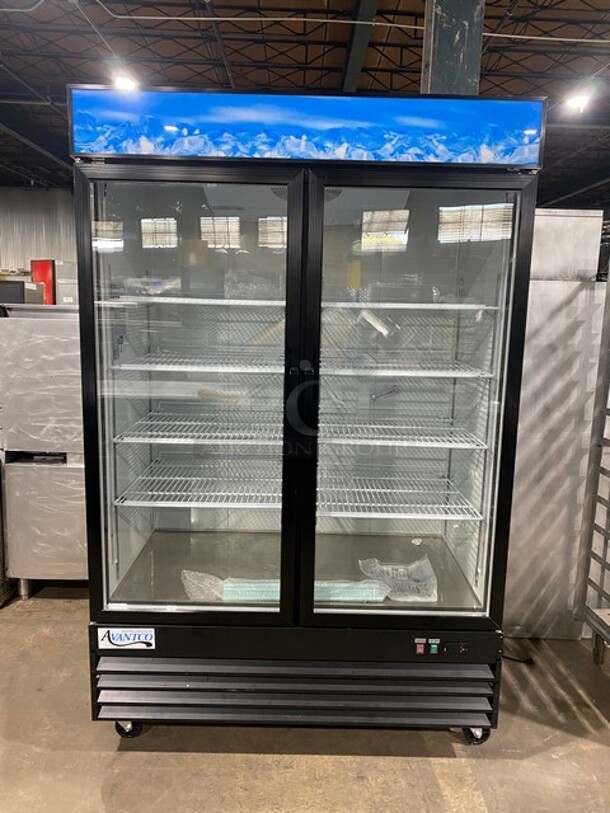 WOW! LIKE NEW! Late Model 2023! Avantco Commercial Double Glass Door Reach In Refrigerator/Merchandiser! With LED Lights! With Poly Coated Racks! With Label/Price Bracketts! On Casters! 115V! Model: 178GDC49HCB SN: 920712013 7166 2312! Working When Removed! - Image 1 of 11