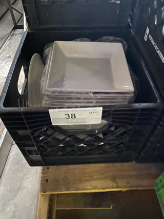 Earthenware Square 8" White Ceramic Plates! Includes Black Poly Crate!