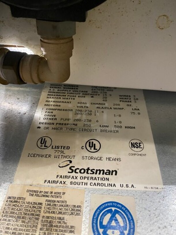 ALL ONE MONEY!  Scotsman Commercial 1500 Lbs Ice Maker Machine! With Commercial Ice Bin! All Stainless Steel! On Legs! Model: CME1656RS3F SN:64749808S 208/230V 60HZ 3 Phase - Image 9 of 10