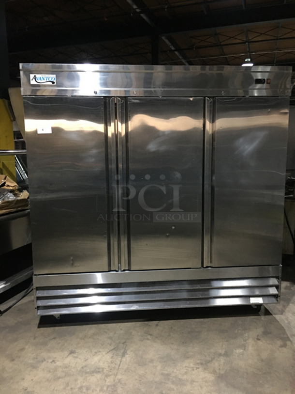 MUST HAVE! Avantco Commercial 3 Door Reach In Refrigerator! With Poly Coated Racks! All Stainless Steel! On Casters! Working When Removed! Model: 178CFD3RR 115V 60HZ 1 Phase