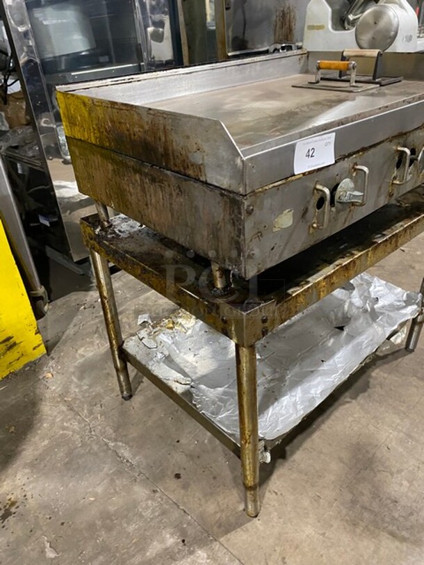 GREAT! Star Commercial Natural Gas Powered Flat Griddle! On Equipment Stand! With Back & Side Splashes! With Underneath Storage Space! With Weighted Wood Handle Meat/Hamburger Press! On Legs! WORKING WHEN REMOVED! - Image 2 of 8