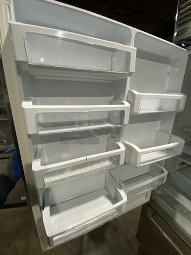 Monogram Upright Half Cooler Half Freezer Combo Unit! Single Cooler And Single Drawer Freezer! With Poly Coated Racks And Shelves! Stainless Steel! - Image 8 of 11