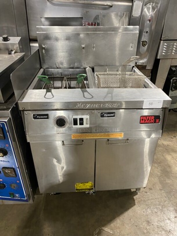 WOW! Frymaster Commercial Natural Gas Powered Deep Fat Fryer With Side Dumping Station! With Metal Frying Baskets! With Back Splash! All Stainless Steel! On Casters! SN:0204GH0014 110-120V 1PH