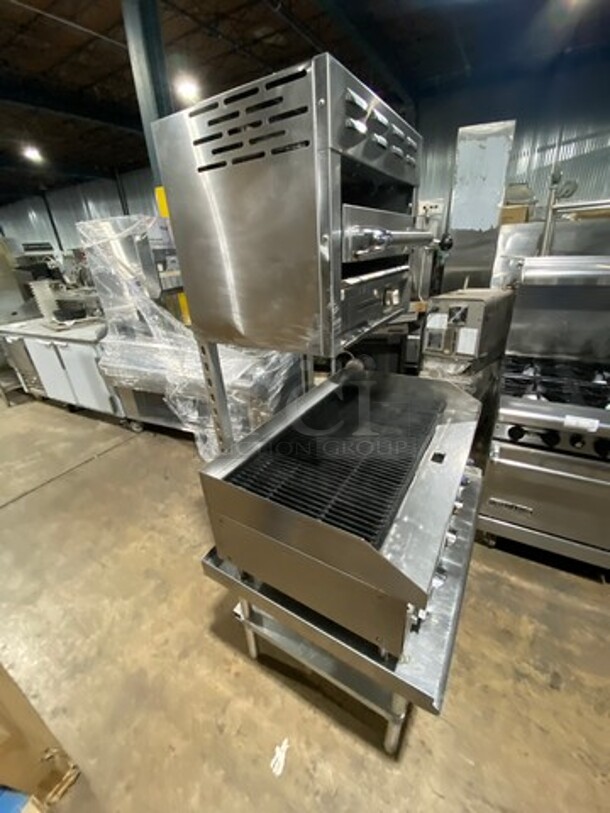 WOW! AMAZING FIND! L & J Commercial Natural Gas Powered Char Broiler Grill! With Back And Side Splashes! On Small Legs! With Overhead Natural Gas Powered American Range Cheese Melter! On Equipment Stand! With Storage Space Underneath! All Stainless Steel! On Legs! - Image 2 of 12