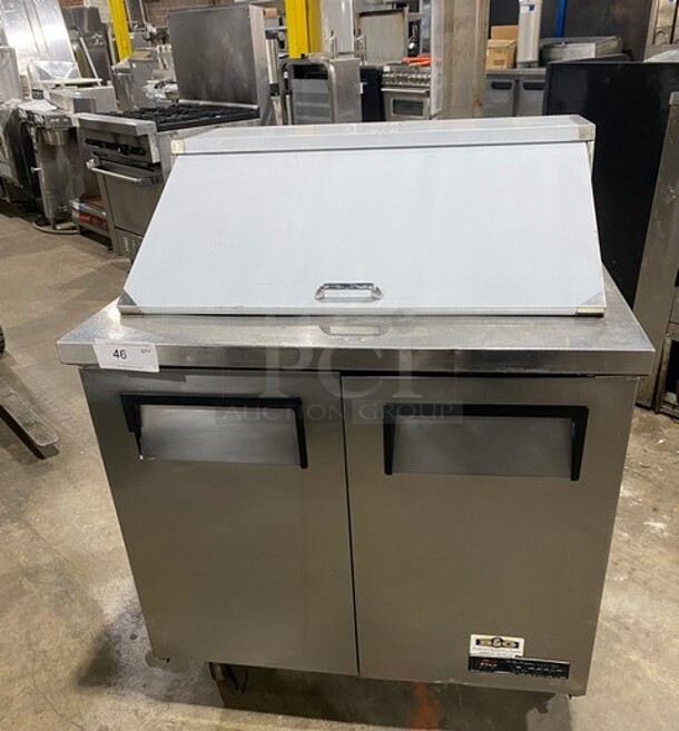 True Commercial Mega Top Refrigerated Sandwich Prep Table! With 2 Door Storage Space Underneath! All Stainless Steel! On Casters! Model: TSSU3608 SN: 5102103 115V 60HZ 1 Phase