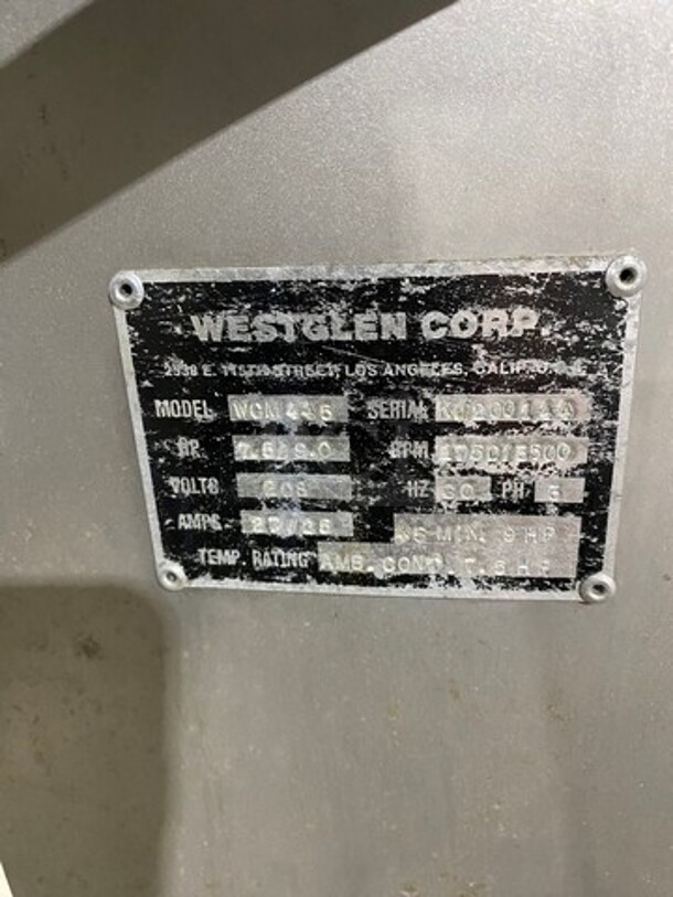 West Glen Commercial Vertical Cutter/Mixer/Mincer! All Stainless Steel! On Legs! Model: WGM445 SN: KJ200144 208V 60HZ 3 Phase - Image 8 of 9