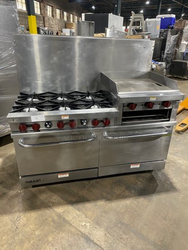 Sweet! LATE MODEL! Vulcan Commercial Natural Gas Powered 6 Burner Stove! With Right Side Flat Griddle & Cheese Melter Combo! Griddle Has Side Splashes! With Raised Back Splash! With 2 Oven Underneath! All Stainless Steel! Working When Removed!