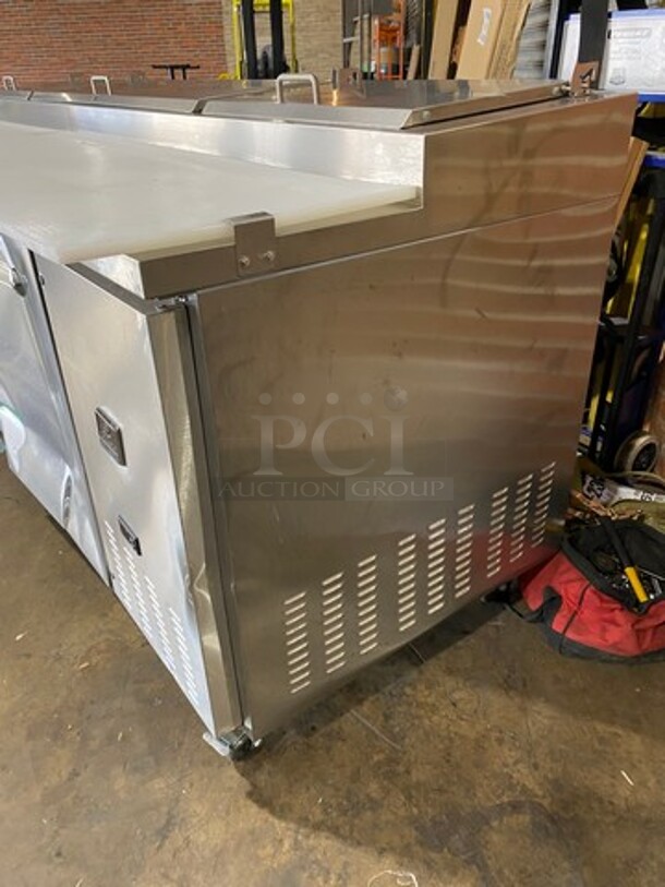 NICE! SCRATCH-N-DENT! Kelvinator Commercial Refrigerated Pizza Prep Table! With Commercial Cutting Board! With 3 Door Storage Space Underneath! All Stainless Steel! On Casters! Model: KCHPT9212 SN: 93610053 115V - Image 2 of 12