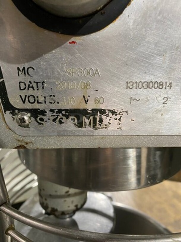 Omcan Commercial Floor Style 30 Quart Planetary Dough Mixer! With Bowl & Bowl Guard! With Dough Hook! Model SP300A Serial 1310300814! 110V 1Phase! Was Working When Removed! - Image 3 of 9