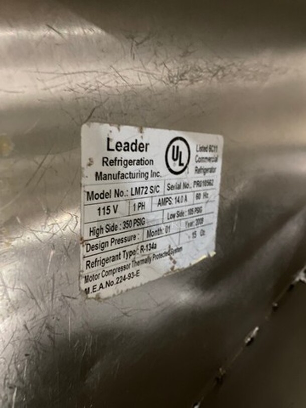 Leader Commercial Refrigerated Sandwich Prep Table! With Back Splash! With 3 Door Storage Space Underneath! Poly Coated Racks! All Stainless Steel! On Casters! Model: LM72S/C SN: PR010562 115V 60HZ 1 Phase - Image 8 of 10