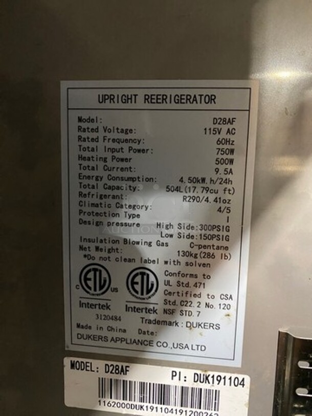 Fridge Air Commercial Single Door Reach In Refrigerator! All Stainless Steel! On Casters! Model: D28AF 115V 60HZ 1 Phase - Image 7 of 10