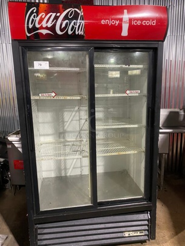 True Commercial 2 Door Reach In Refrigerator Merchandiser! With View Through Sliding Doors! With Poly Coated Racks! Model: GDM37 SN: 5136981 115V 60HZ 1 Phase! Working When Removed!