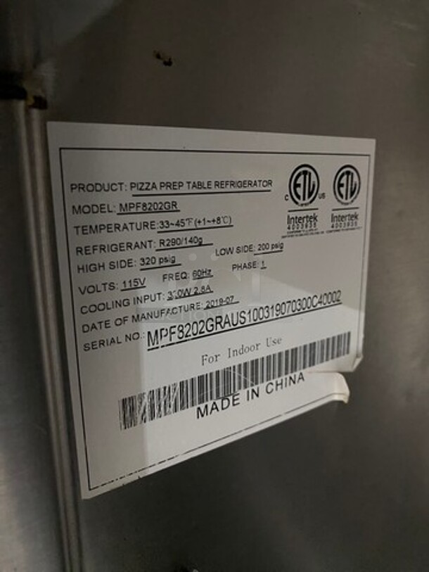 Atosa Commercial Refrigerated Pizza Prep Table! With 2 Door Storage Space! All Stainless Steel! Model: MPF8202GR SN: MPF8202GRAUS100319070300C40002 115V 60HZ 1 Phase - Image 7 of 9