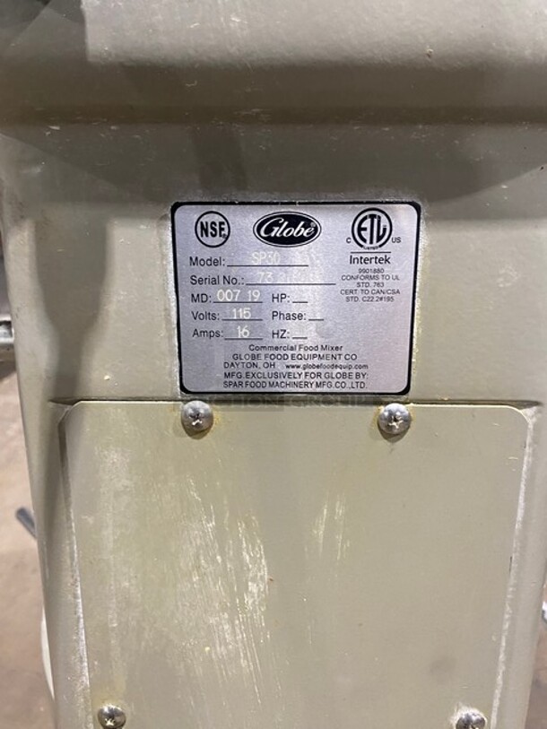 Globe Metal Commercial Floor Style 30 Quart Planetary Dough Mixer w/ Stainless Steel Mixing Bowl, Paddle! MODEL SP30 SN:73 115V  - Image 12 of 12