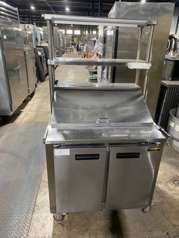 Cool Tech Commercial Refrigerated Sandwich Prep Table! With 2 Door Storage Space Underneath! With Double Over Head Shelf Storage! All Stainless Steel! On Casters! WORKING WHEN REMOVED!