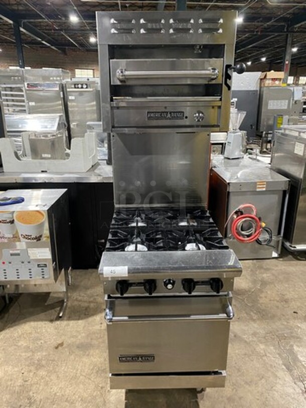 American Range Commercial Natural Gas Powered 4 Burner Stove! With Raised Back Splash And American Range Salamander! With Oven Underneath! All Stainless Steel! On Legs!
