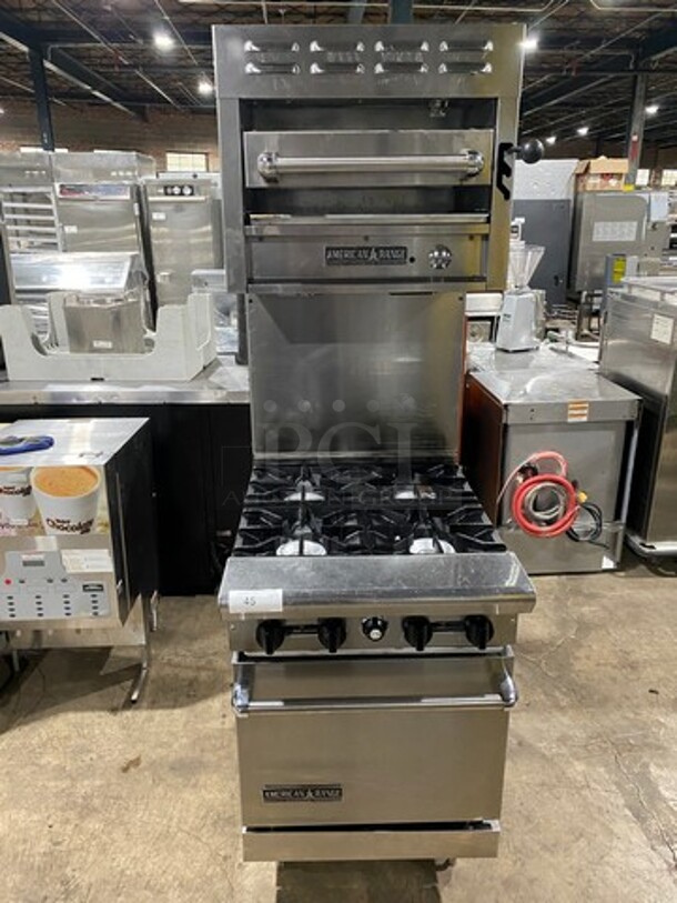 American Range Commercial Natural Gas Powered 4 Burner Stove! With Raised Back Splash And American Range Salamander! With Oven Underneath! All Stainless Steel! On Legs! - Image 1 of 9