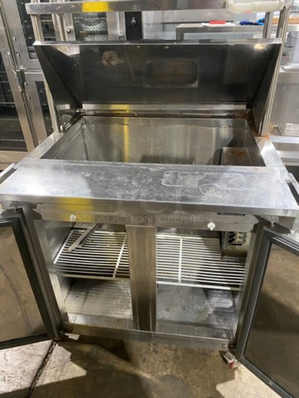 Cool Tech Commercial Refrigerated Sandwich Prep Table! With 2 Door Storage Space Underneath! With Double Over Head Shelf Storage! All Stainless Steel! On Casters! WORKING WHEN REMOVED! - Image 6 of 9