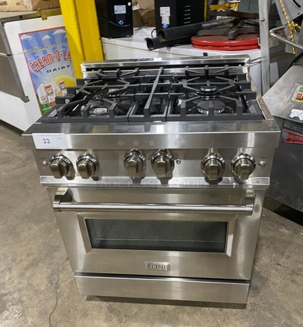 Zline Commercial Gas Powered 4 Burner Stove! With Oven Underneath! Stainless Steel! On Legs! MODEL RG30 SN: RG30GE2205022602 120V - Item #1109116