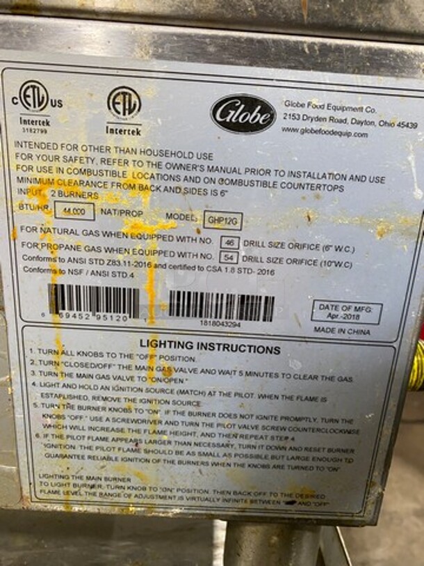 LATE MODEL! 2018 Globe Commercial Countertop Gas Powered 2 Burner Hot Plate Range! All Stainless Steel! On Equipment Stand! With Storage Space Underneath! On Legs! Model: GHP12G! Working When Removed! - Image 11 of 12