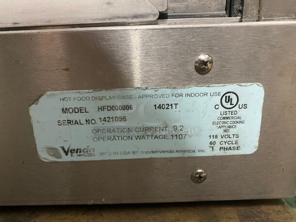 Vendo Commercial Countertop Food Warming Display Case! All Stainless Steel! Model: HFD000006 SN: 1421096! 115V 60HZ 1 Phase! - Image 4 of 5