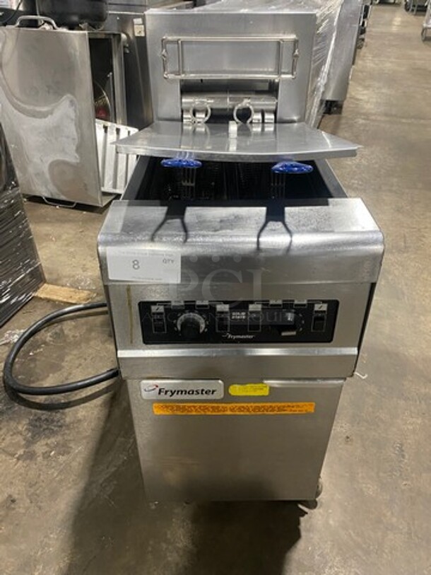 Frymaster Commercial Electric Powered Split Bay Deep Fat Fryer! With Metal Frying Baskets! With Side Splashes! All Stainless Steel! On Casters! Model: RE1142SE SN: 1508NA0057 208V 60HZ 3 Phase