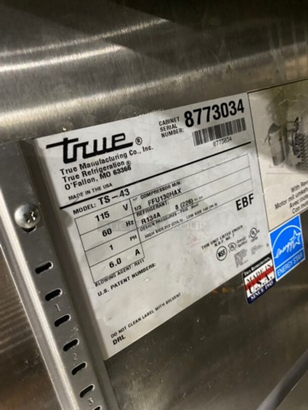 True Commercial 2 Door Reach In Cooler! With Poly Coated Racks! All Stainless Steel! WORKING WHEN REMOVED! Model: TS43 SN: 8773034 115V 60HZ 1 Phase - Image 8 of 10